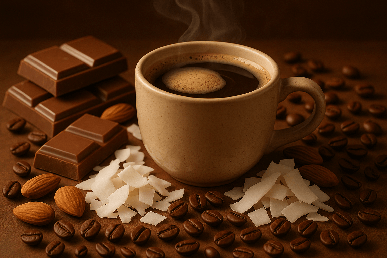 creamy milk chocolate, tropical coconut, and nutty almond notes with coffee