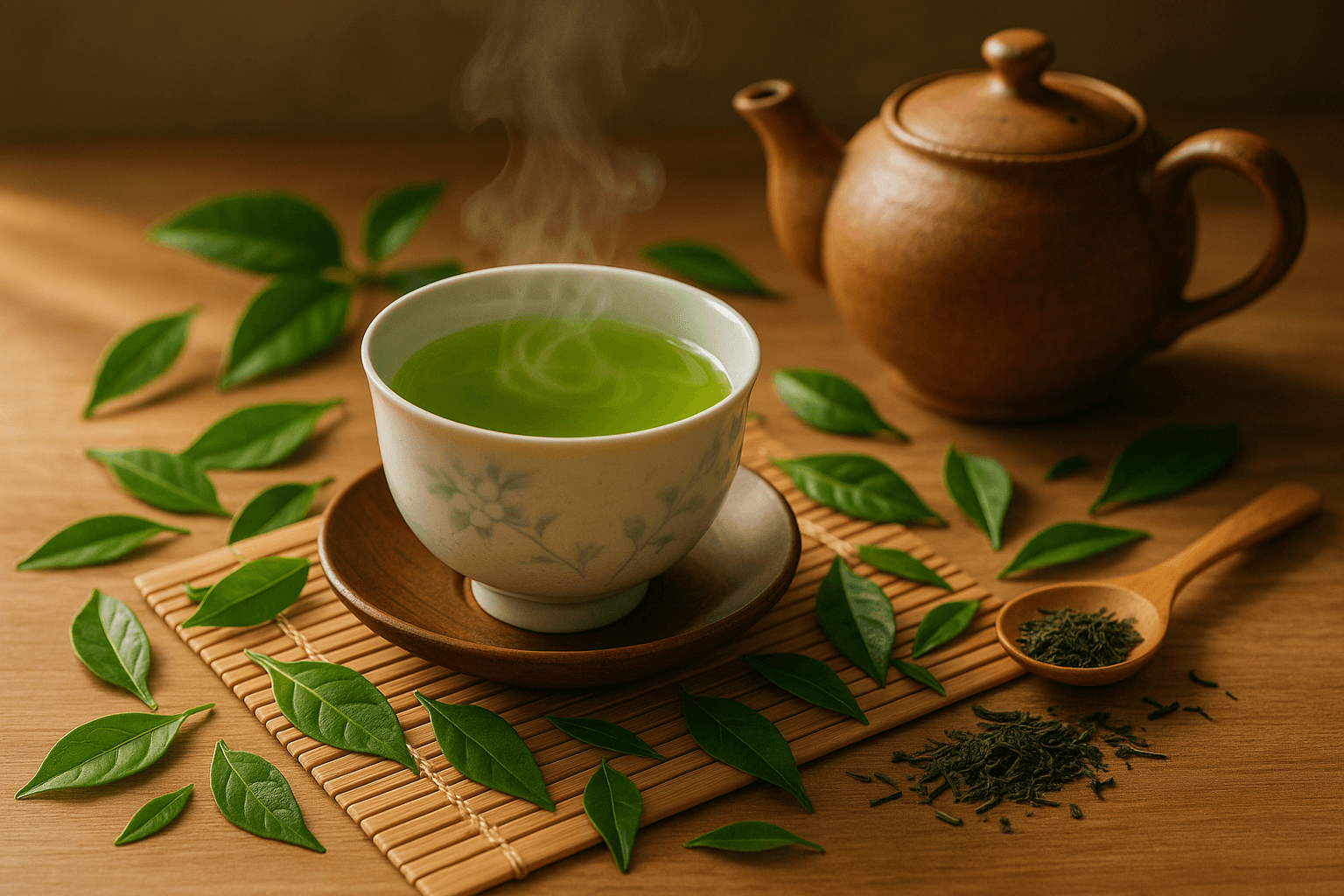 A steaming cup of green tea surrounded by fresh green tea leaves and a traditional teapot.