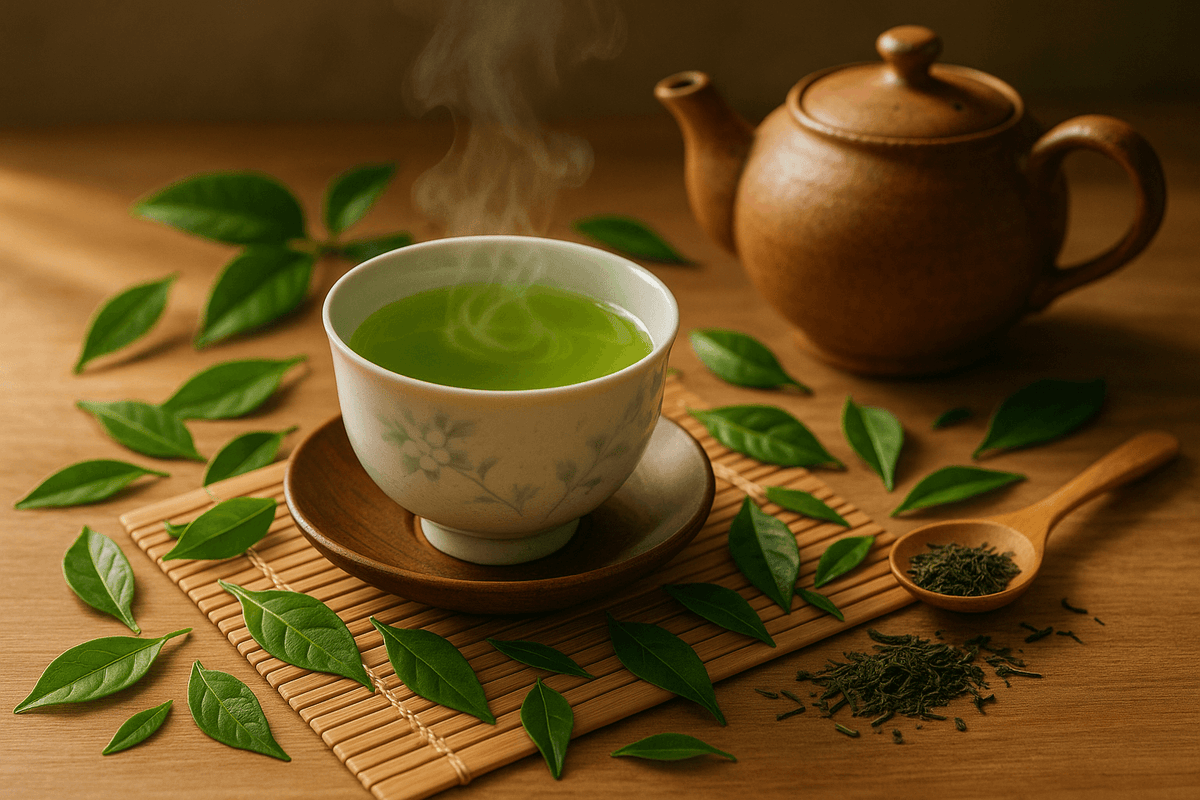 A steaming cup of green tea surrounded by fresh green tea leaves and a traditional teapot.