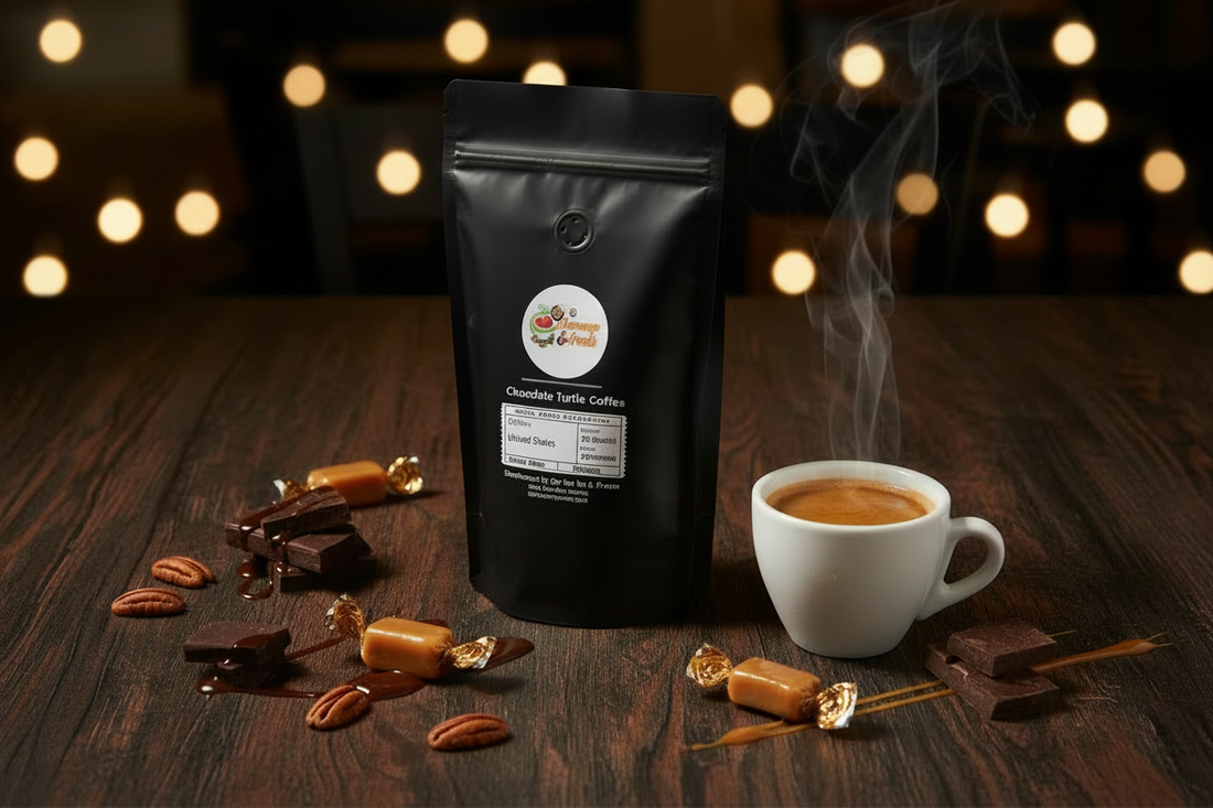 Freshly roasted flavored coffee in a mug with whole coffee beans