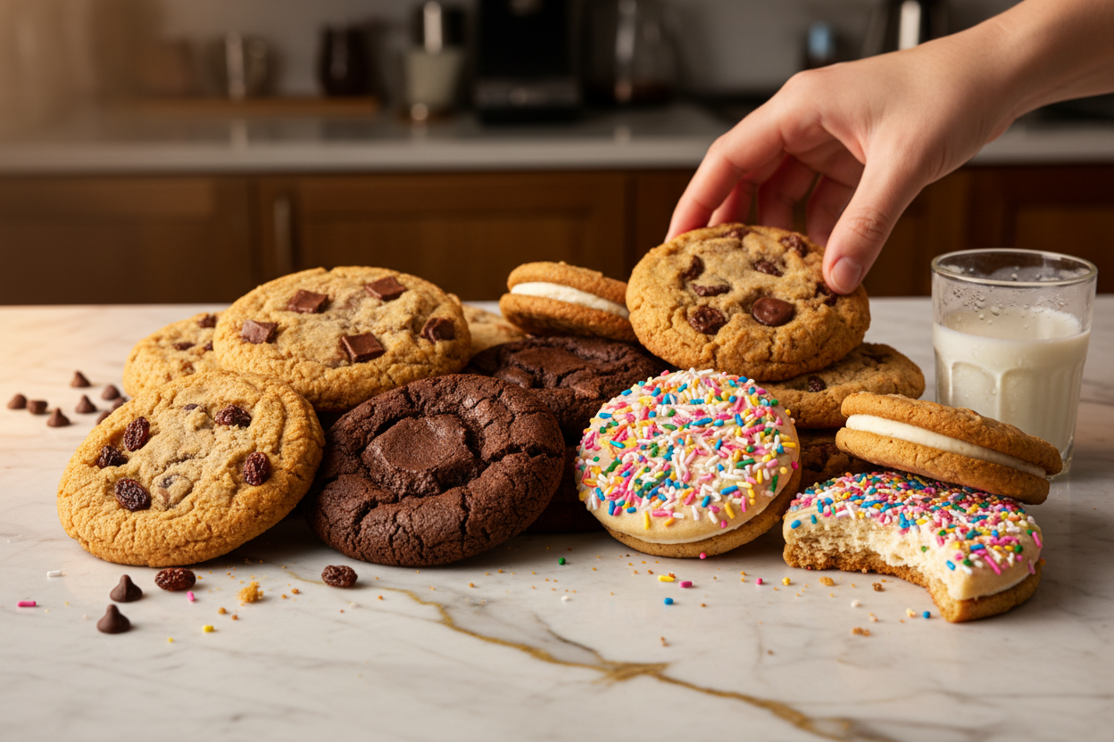 Artisanal oat cookies stacked on a wooden board, with a jar of oats in the background, perfect for indulgent snacking.