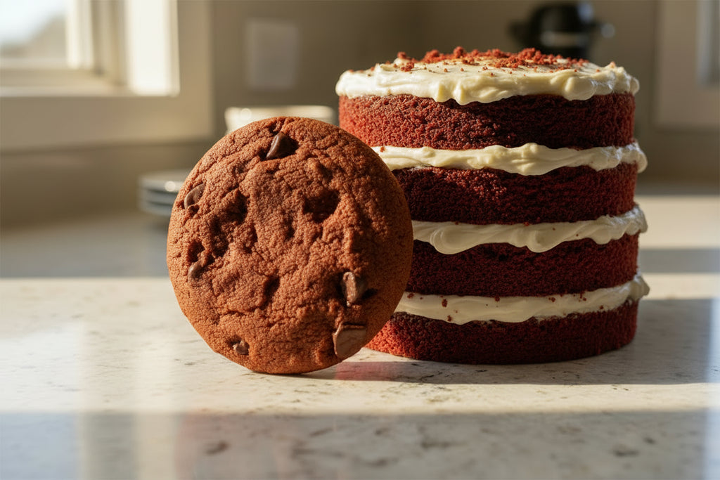 Red Velvet Chocolate Chip cookie, soft and fluffy with chocolate cocoa, available for a limited time.