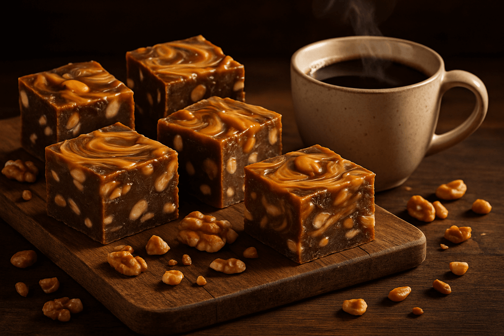 Caramel Nut Fudge and coffee