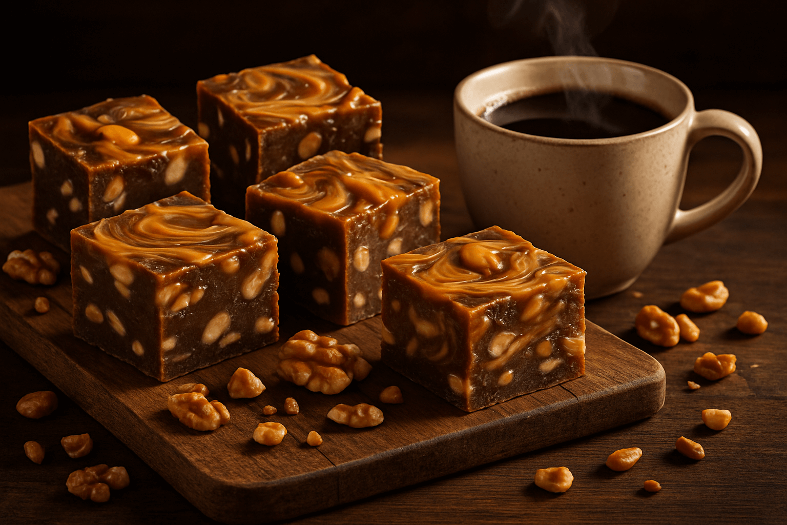 Caramel Nut Fudge and coffee