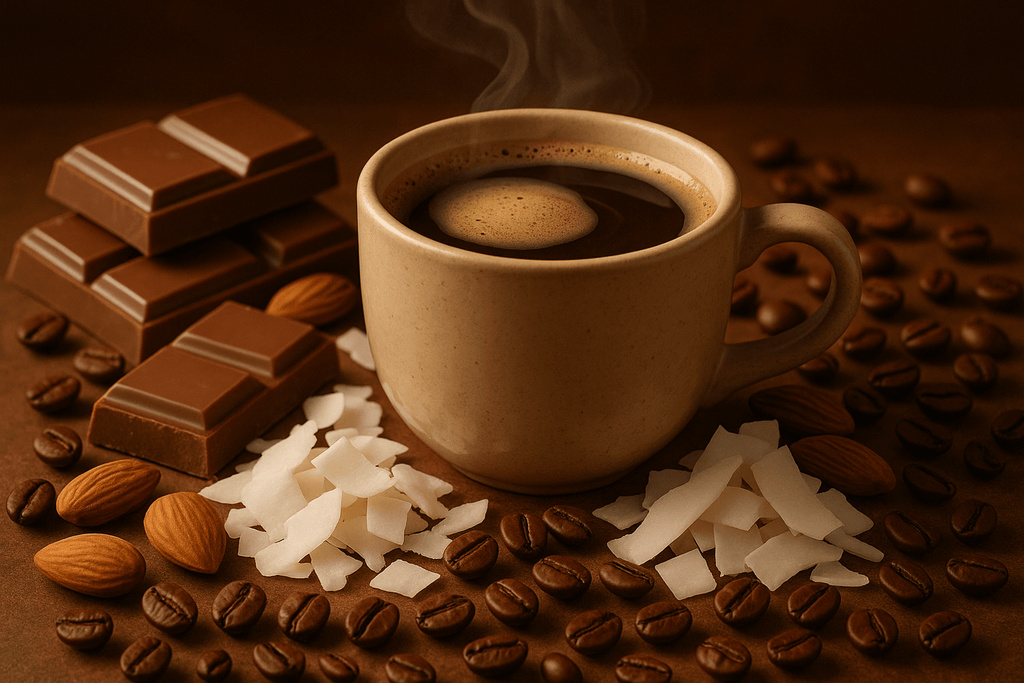 creamy milk chocolate, tropical coconut, and nutty almond notes with coffee