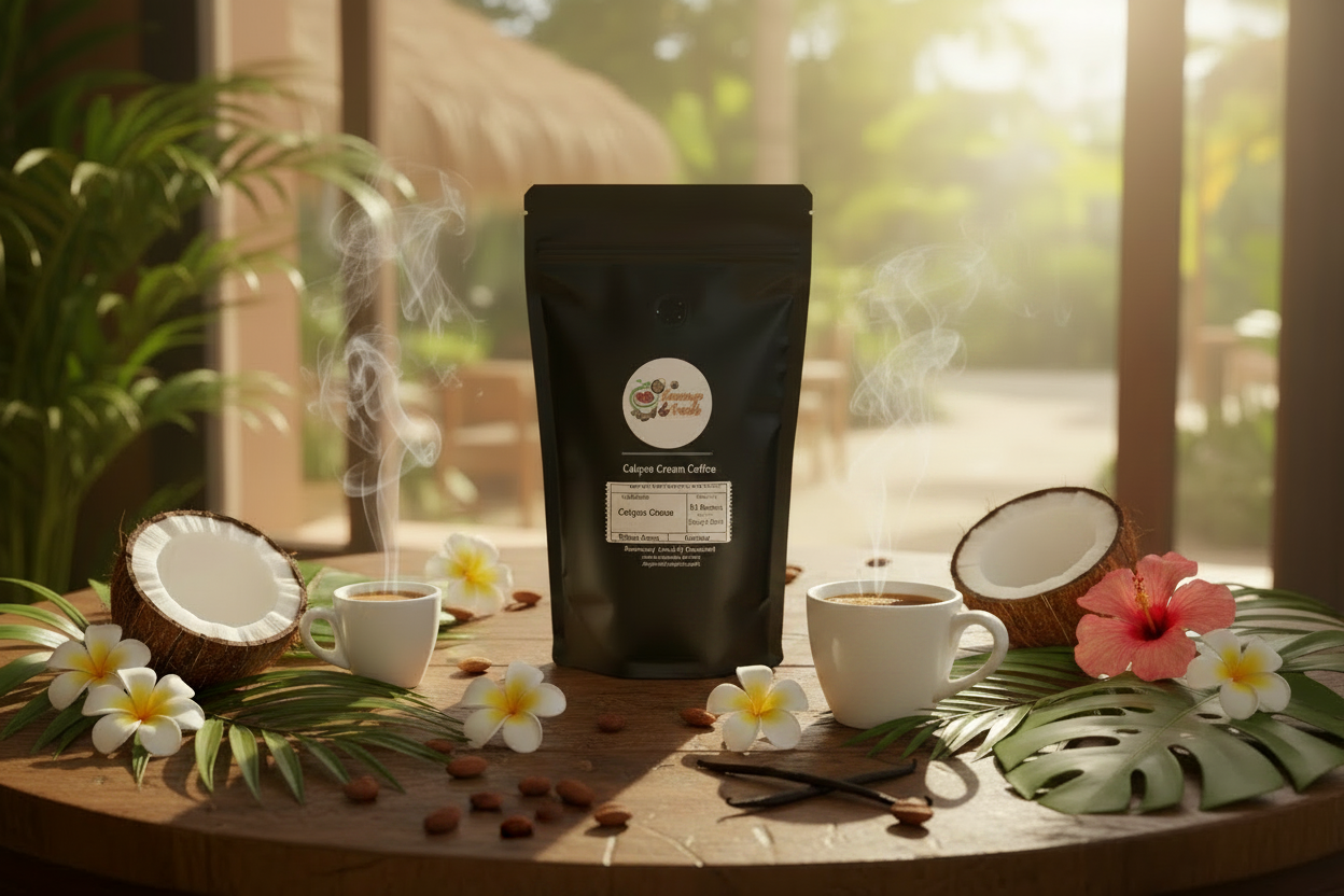 Fresh-roasted flavored coffee with a steaming mug
