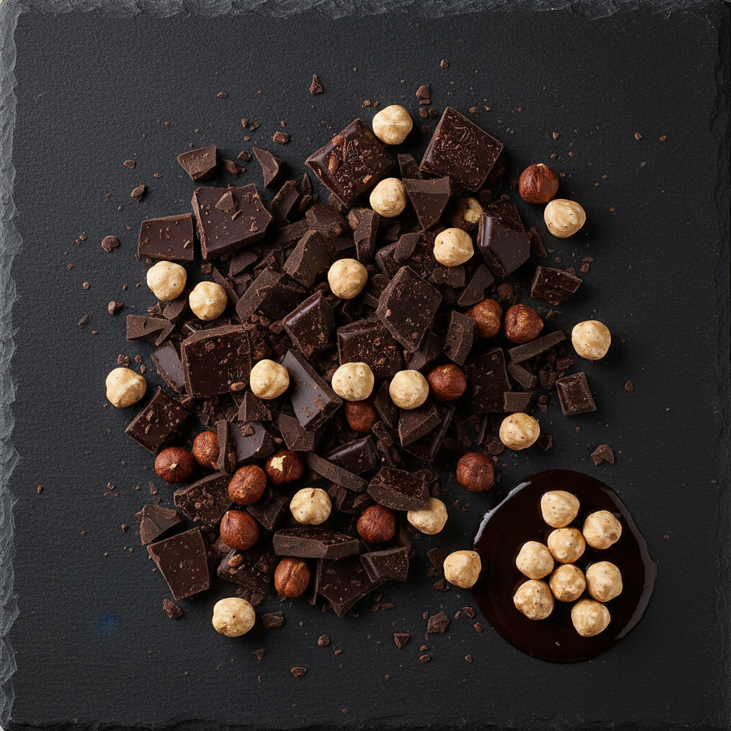 Dark chocolate pieces and whole hazelnuts flat lay