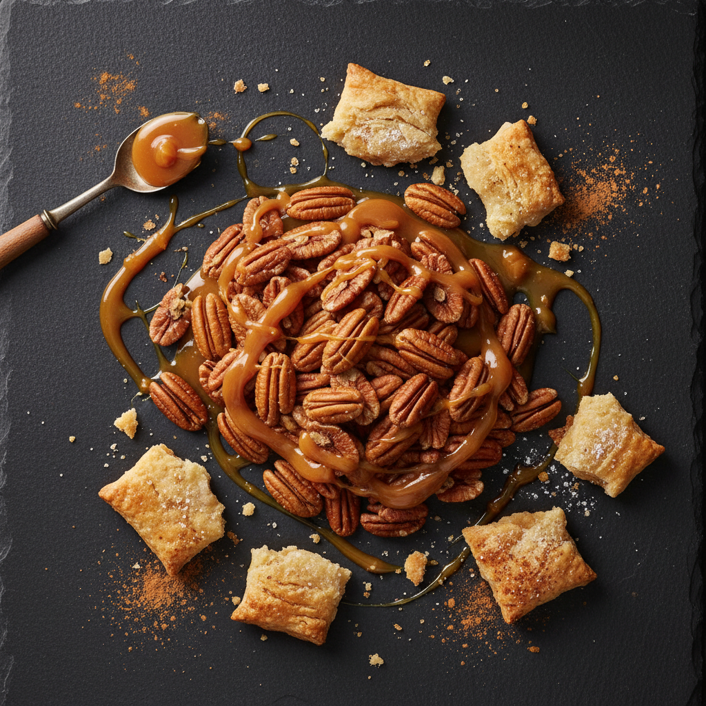 Pecan pie flat lay with pecans, caramel drizzle and pastry crust