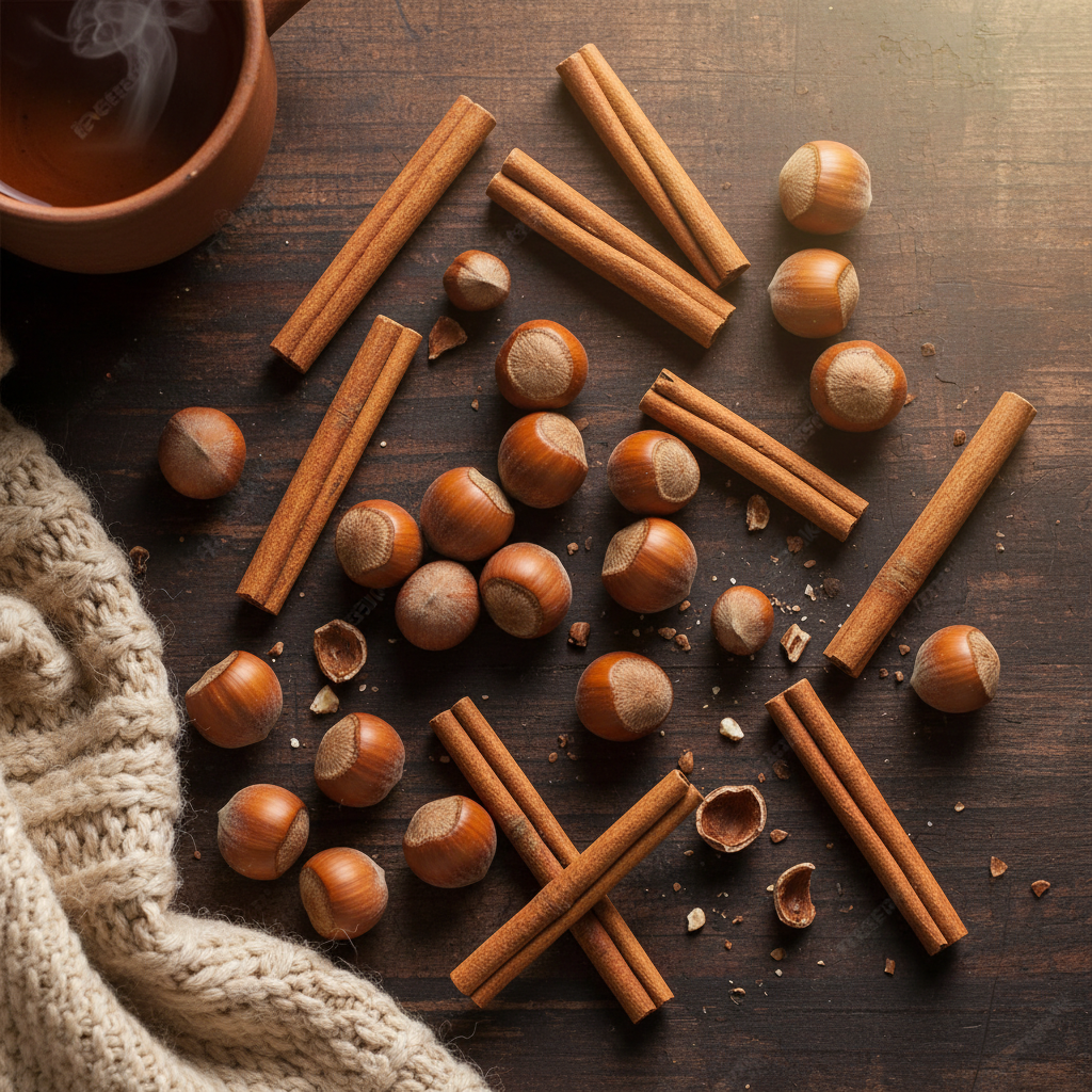 Cinnamon sticks and hazelnuts flat lay