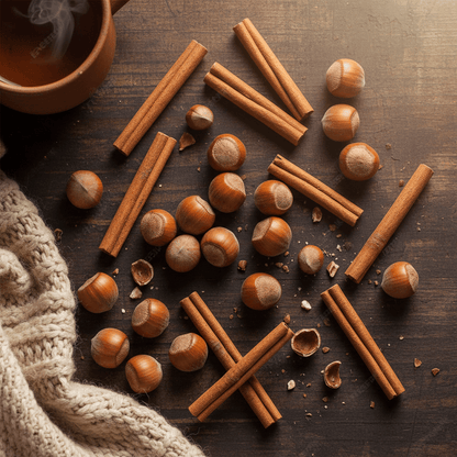 Cinnamon sticks and hazelnuts flat lay