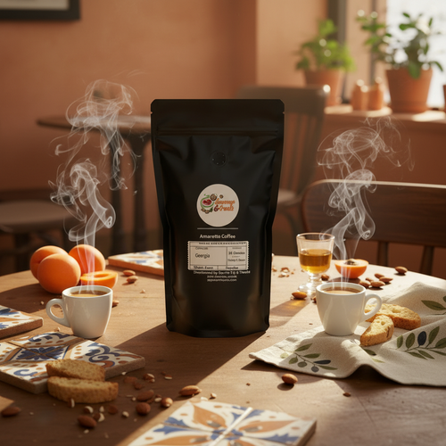 Amaretto Coffee lifestyle shot - Italian café scene with espresso, almonds, and biscotti