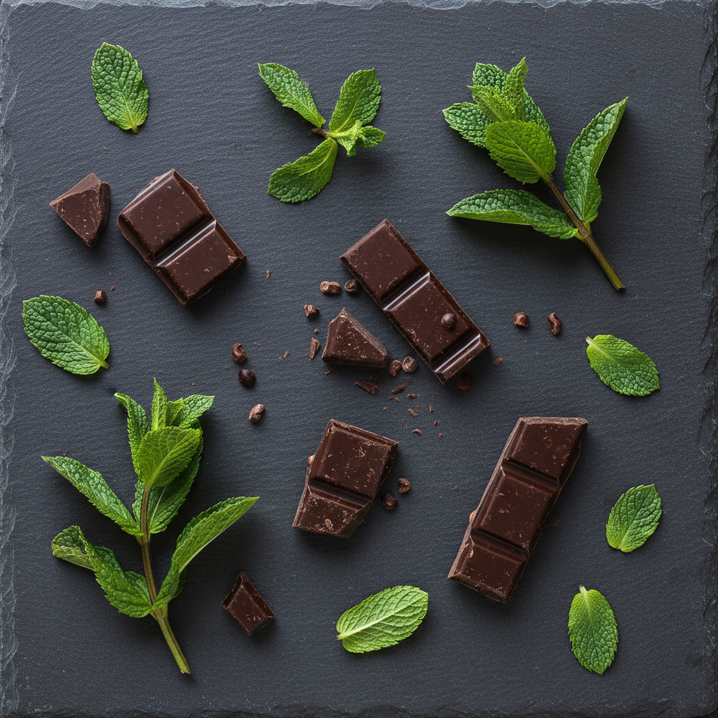 Fresh mint leaves and dark chocolate flat lay
