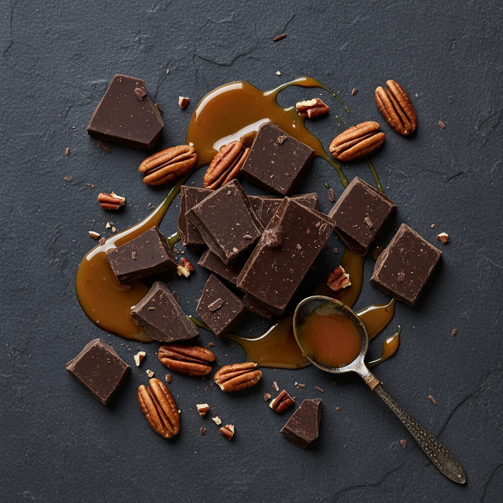 Dark chocolate, caramel and pecans flat lay
