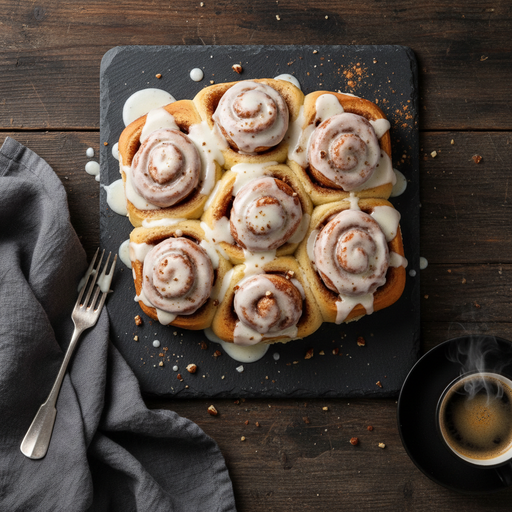 Freshly baked cinnamon buns with icing flat lay