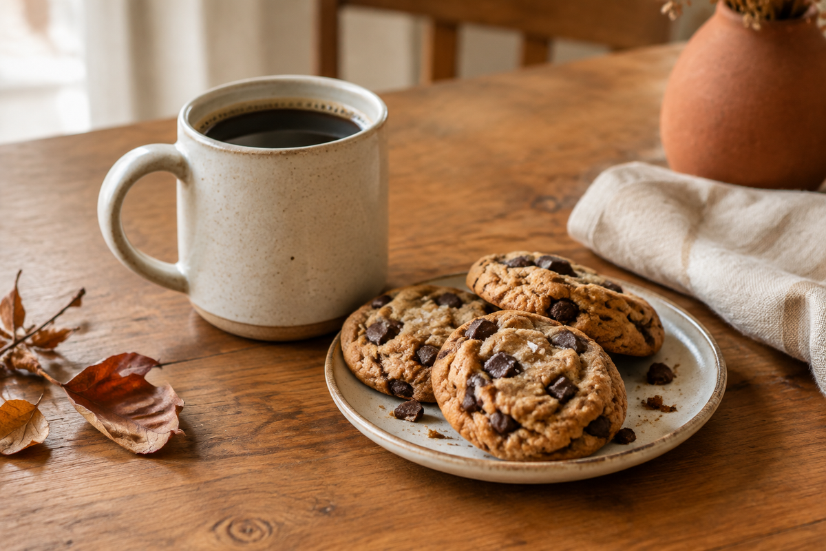 Natural-style coffee mug and gourmet cookies on a wooden kitchen table